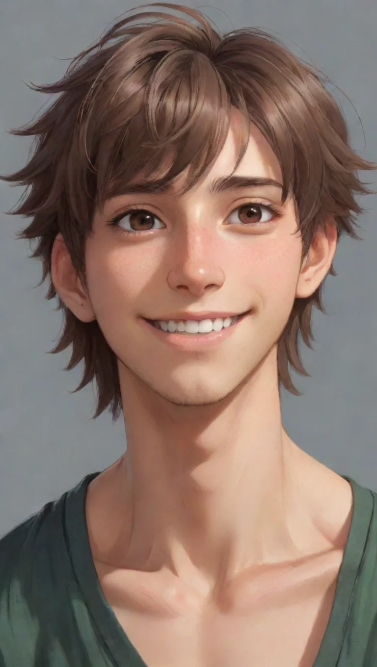 aiundefinedkind anime guy boofy hair brown hair tanned skin smile ghibli really detailed look eyes clear artstation best attractiveundefined 4 tall