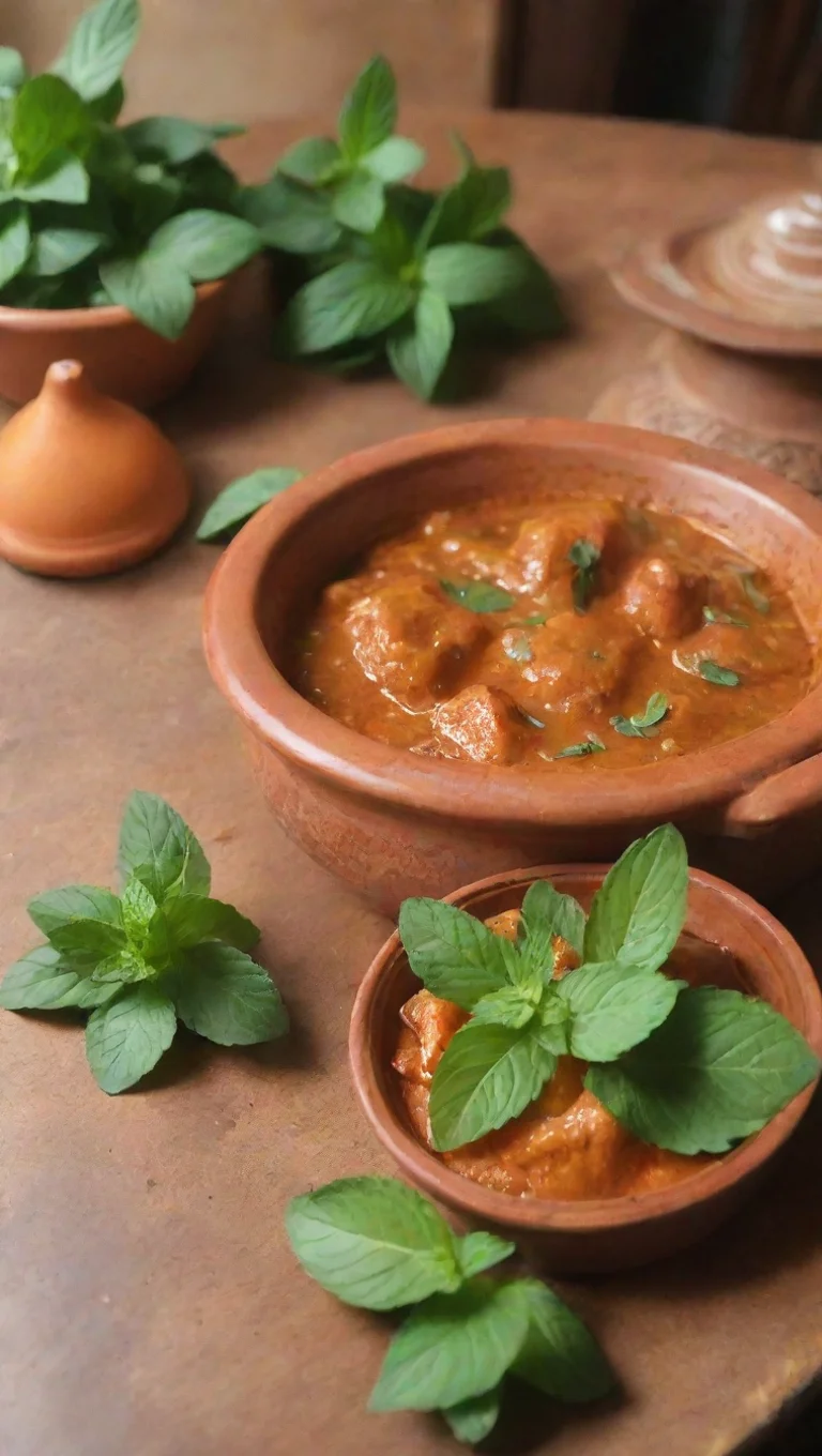 undefinedt of a tagine in the background. garnished with fresh mint leaves and edible floweundefined 5 tall