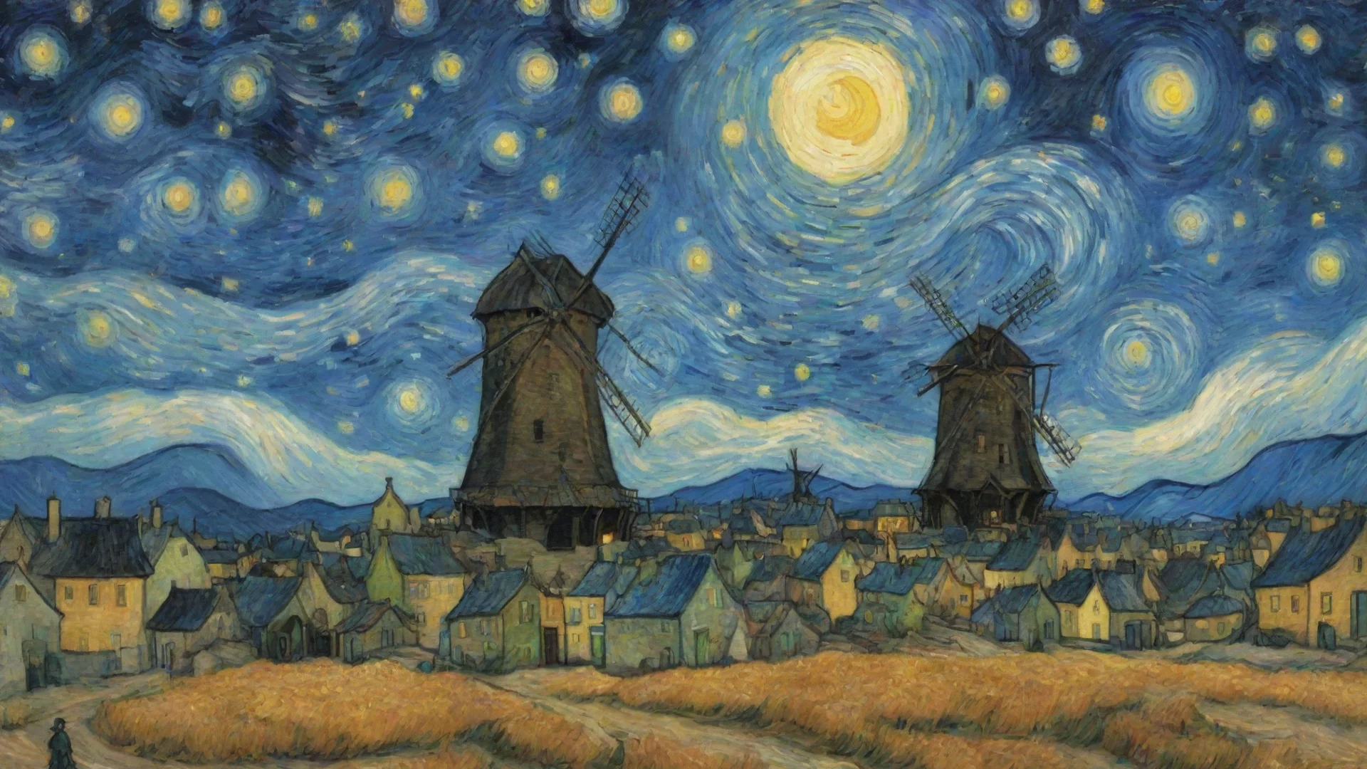 van gogh epic town windmill starry night  hdwidescreen