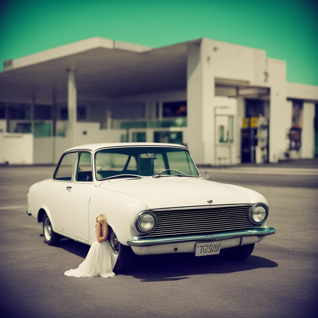 very lonely girl in a mini white dress with her old car at a mysterious gas station   uncanny polaroid style