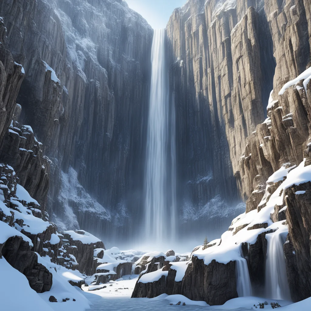aivery tall waterfall colossal greek temples carved into the side of subterranean rocky cliffs snow falls from above height perspective insanely detailed intr good looking trending fantastic 1