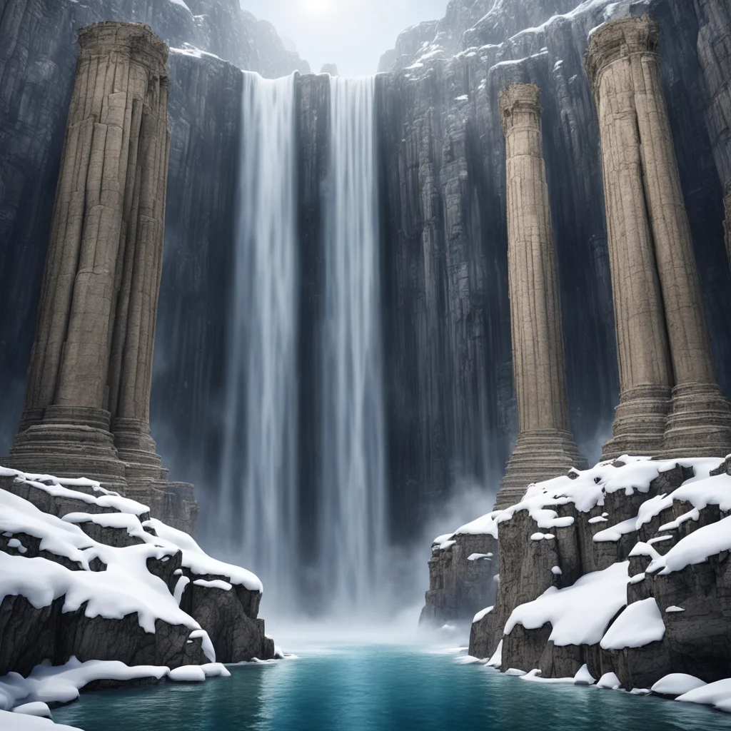 aivery tall waterfall colossal greek temples carved into the side of subterranean rocky cliffs snow falls from above height perspective insanely detailed intr
