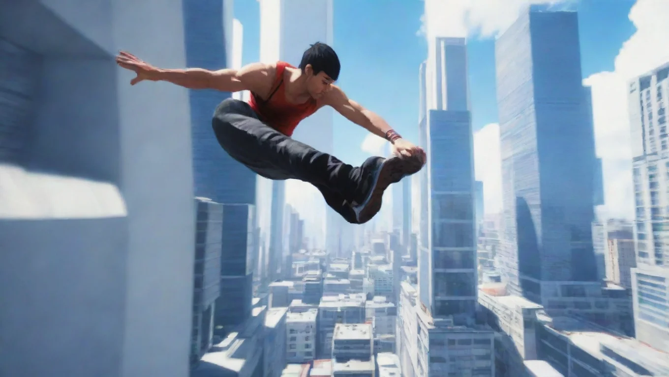 video game man doing parkour jumping over buildings mirrors edge widescreen