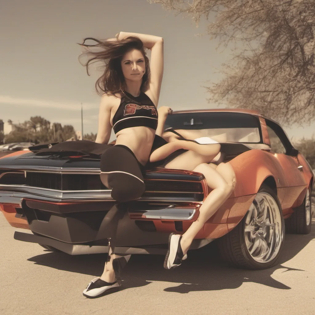 waisted cheerleader  in minimalist bikini with her shy new camaro  car sunny summer confident engaging wow artstation art 3