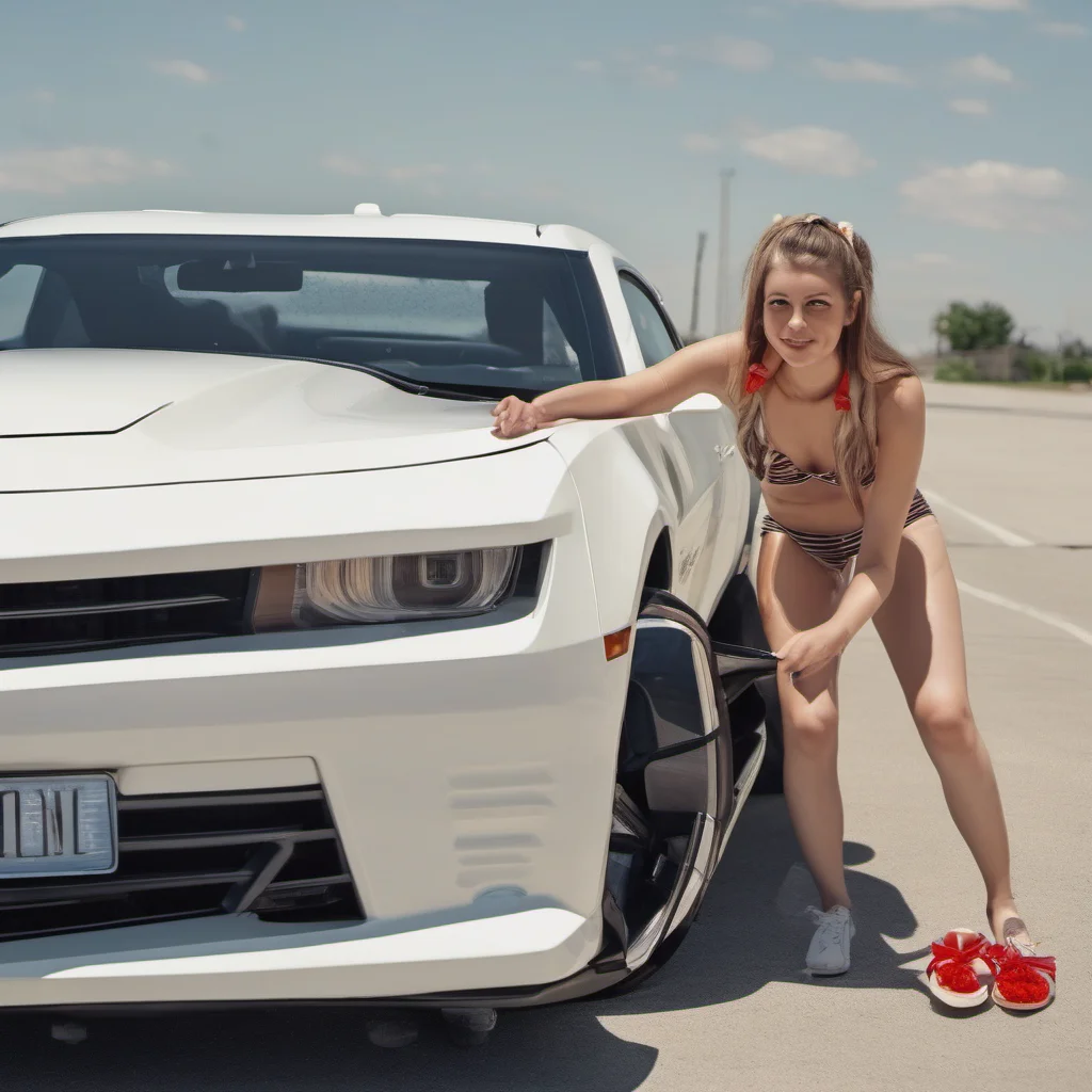 waisted cheerleader  in minimalist bikini with her shy new camaro  car sunny summer good looking trending fantastic 1