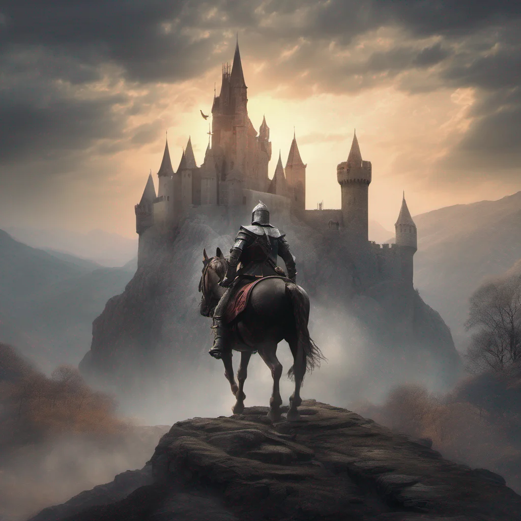 wanderer knight on horseback heroic epic journey castle backdrop confident engaging wow artstation art 3