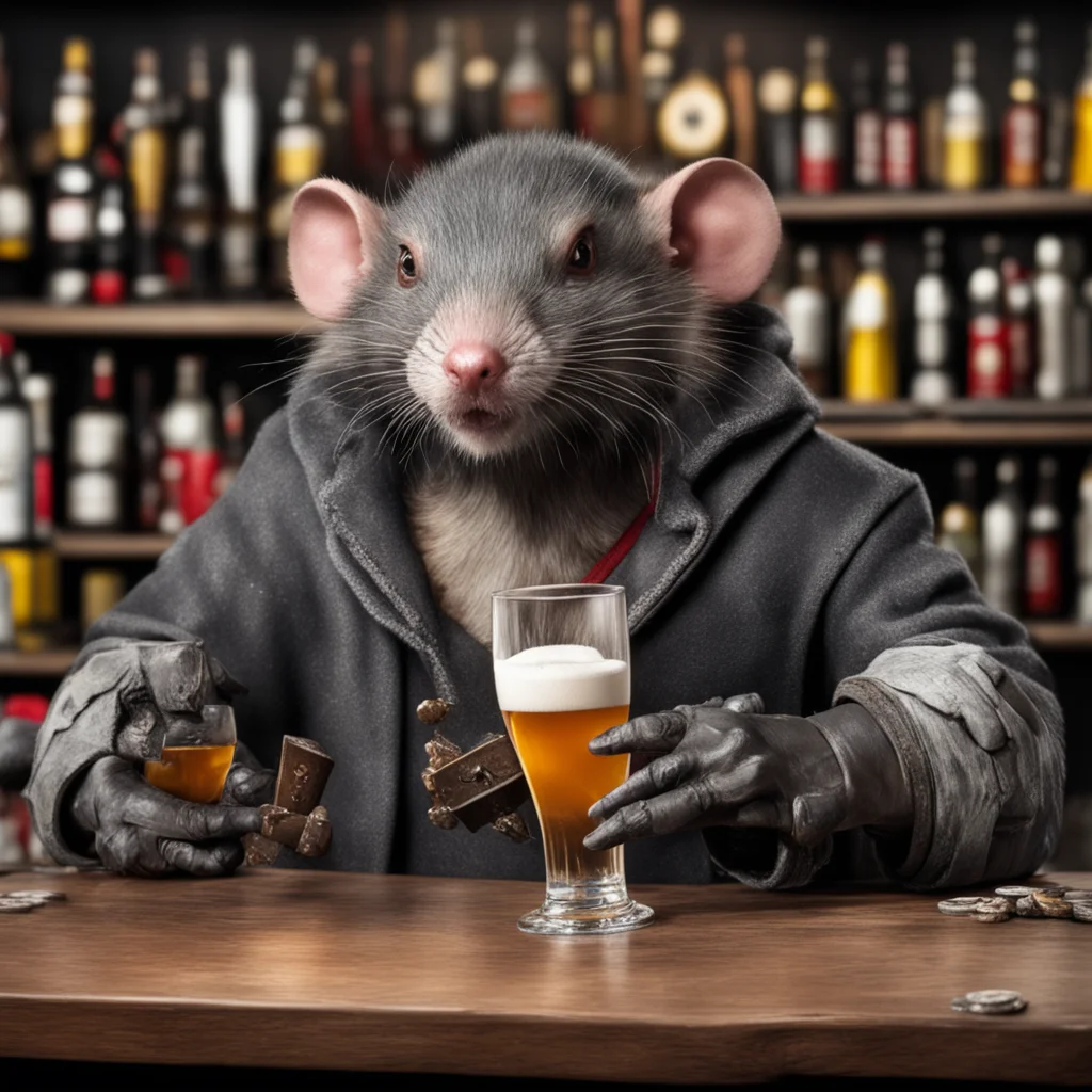 warhammer scaven rat behind the bar table holding a  beer and 2 of clubs leaning to the camera over the table 