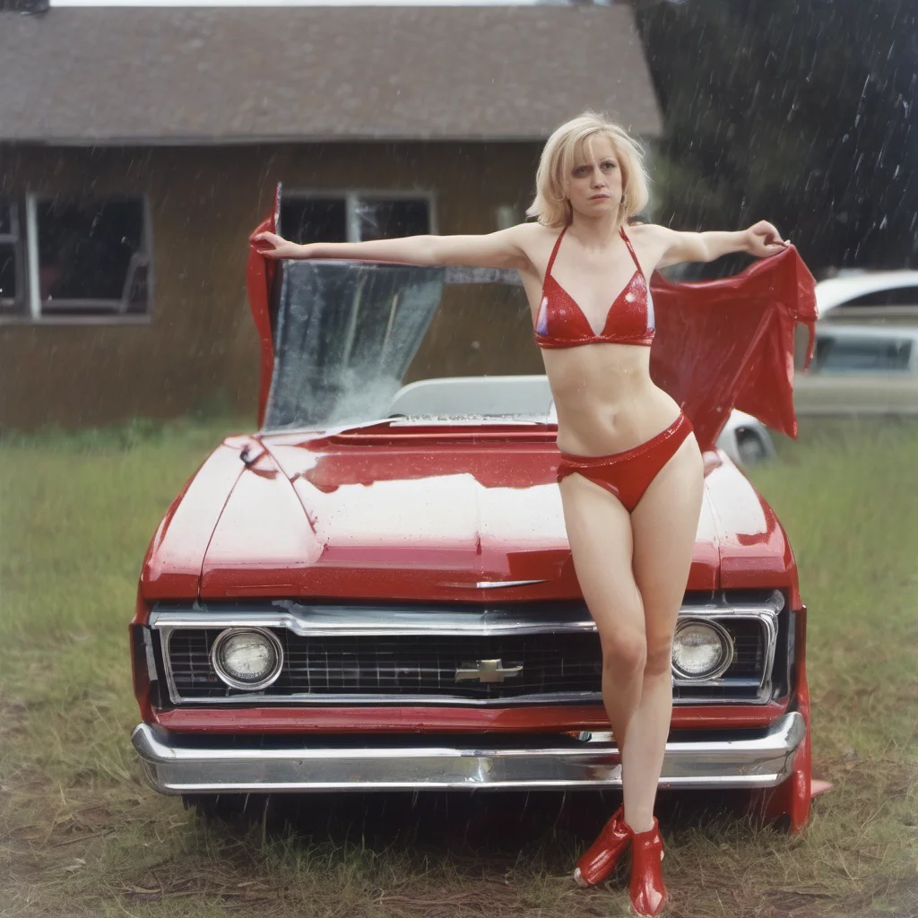 wasted cheerleader  in minimalist blu red bikini with her shiny new chevy  car sunny rainy   medium format art confident engaging wow artstation art 3