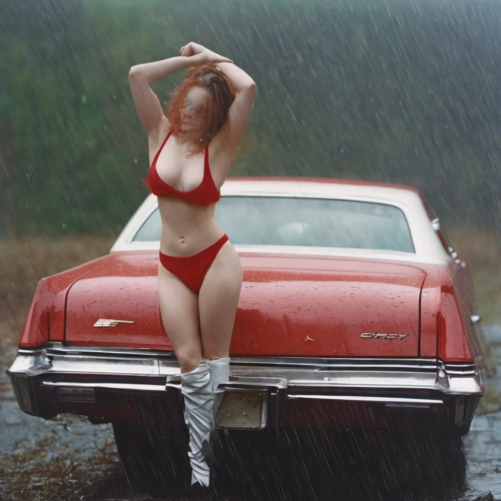wasted cheerleader  in minimalist blu red bikini with her shiny new chevy  car sunny rainy   medium format art good looking trending fantastic 1