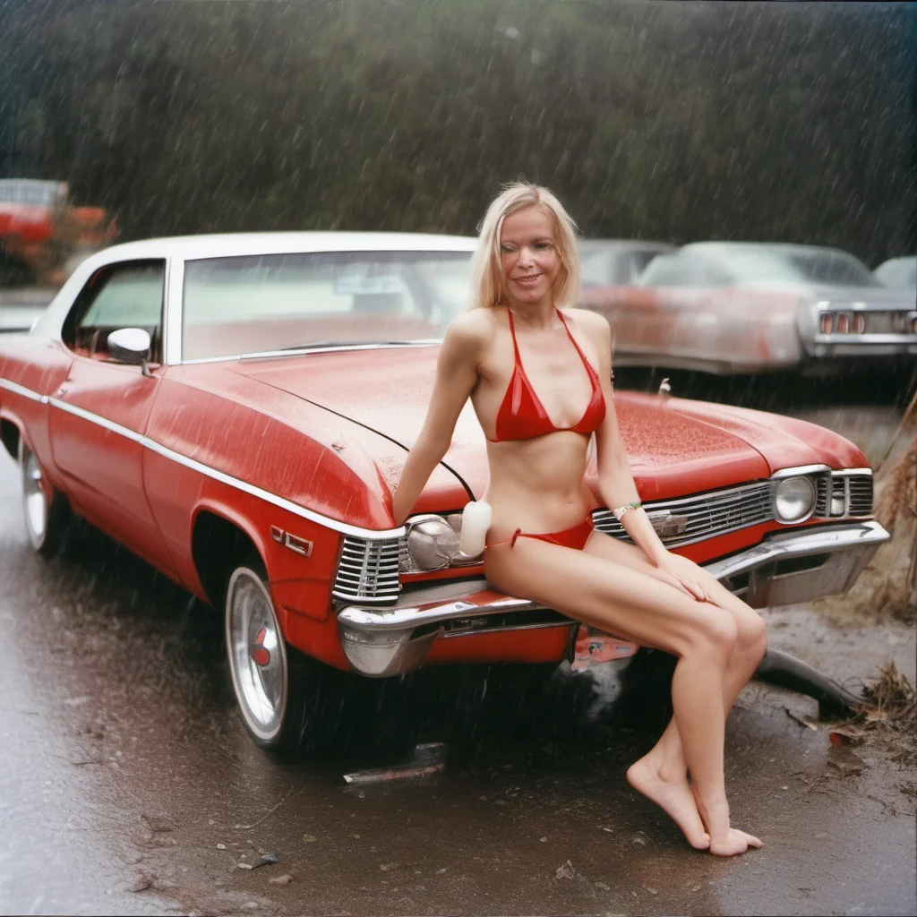 wasted cheerleader  in minimalist blu red bikini with her shiny new chevy  car sunny rainy   medium format art