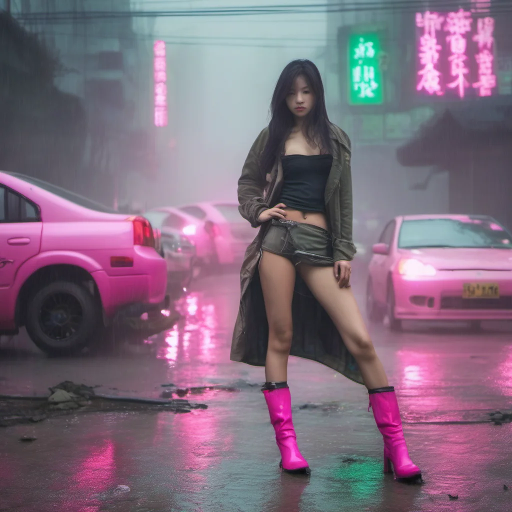 aiwasted chinese bikini girl pink boots swith her scratched old green nissan foggy  rainy smog city pink lights amazing awesome portrait 2