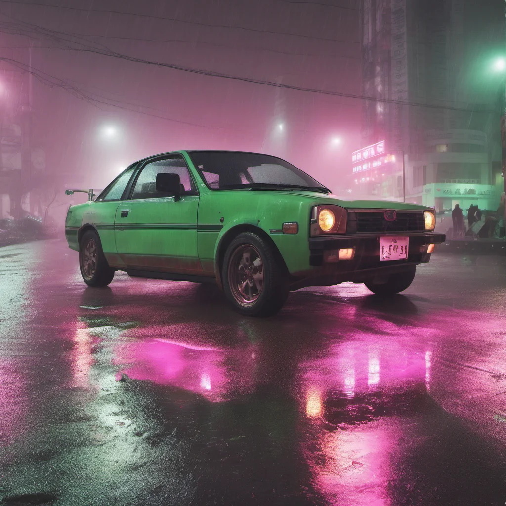 aiwasted chinese bikini girl pink boots swith her scratched old green nissan foggy  rainy smog city pink lights