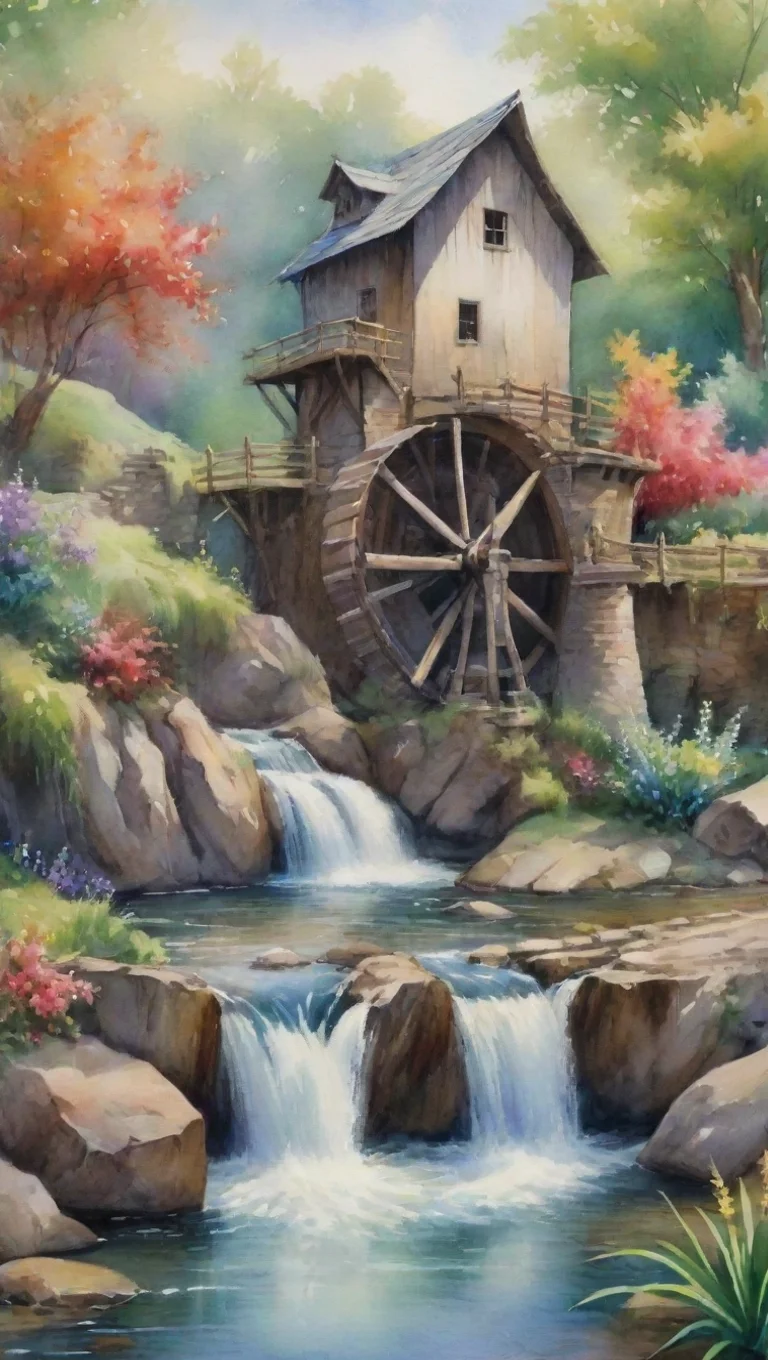 watercolor hd detail water windmilll watermill flowers river waterfall peaceful tall