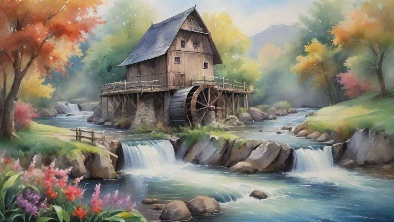 watercolor hd detail water windmilll watermill flowers river waterfall peaceful widescreen