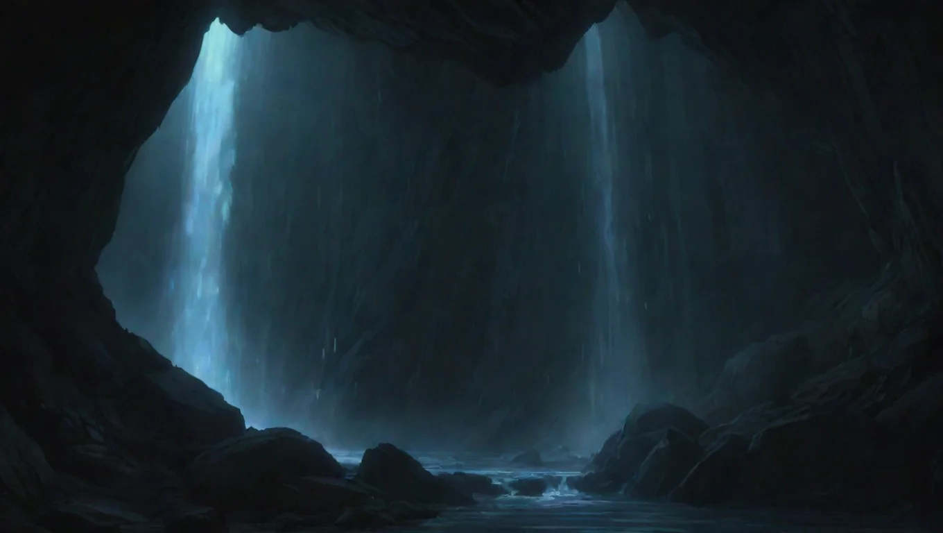 waterfall in torchlit cave hd ghibli anime aesthetic dark horror 1800 vibe environment lighting widescreen