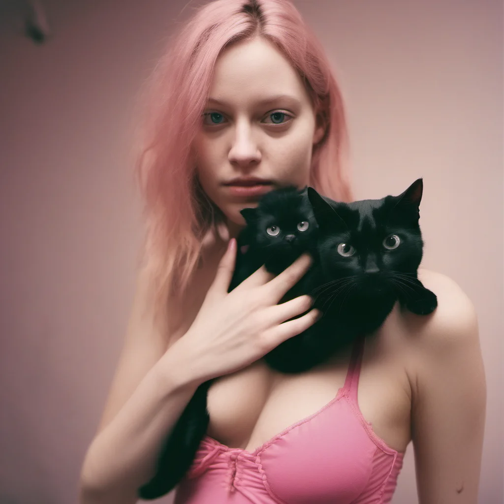 aiweird thin 24 yo girl in pink bra   holding a black cat   natural cinematic cross process confident engaging wow artstation art 3
