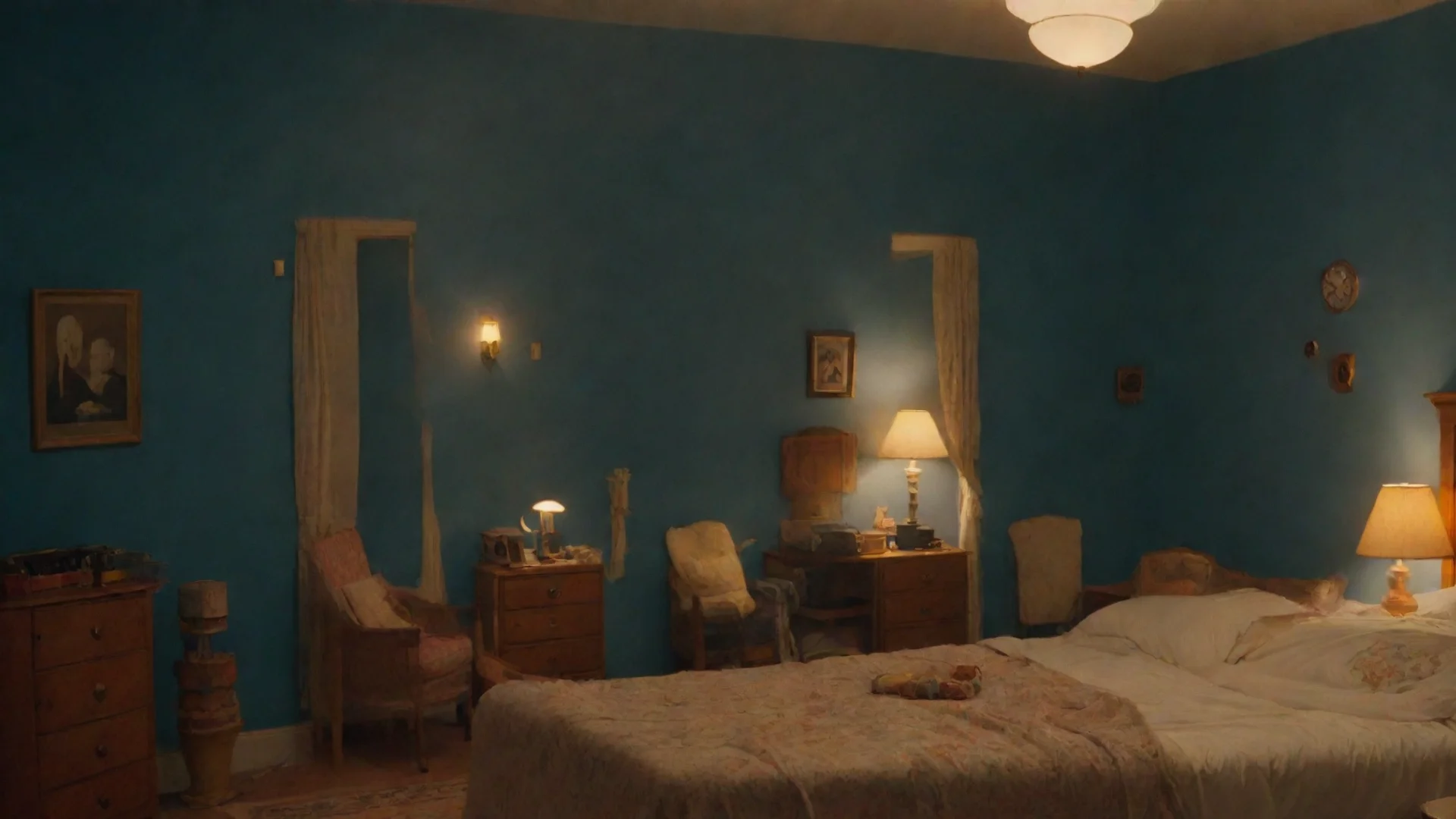 wes anderson bedroom night blu light wide