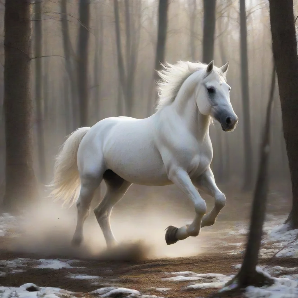 white horse gallops in forest