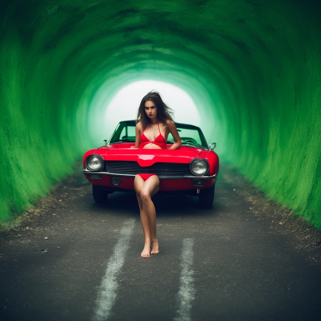 wild messy girl in red bikini with her sportscar in a scary green tunnel. foggy. polaroid style amazing awesome portrait 2
