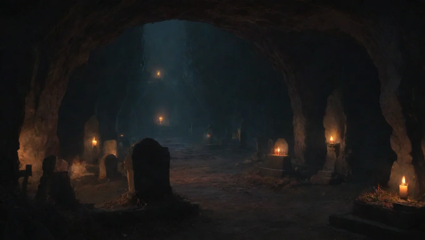 winding deep torchlit graveyard in cave hd ghibli anime aesthetic dark horror 1800 vibe environment lit  widescreen
