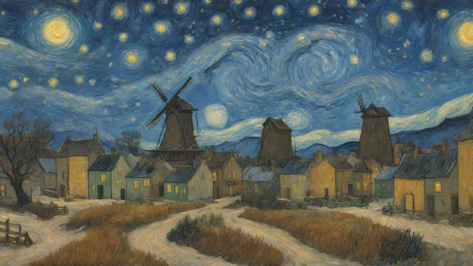 aiwinter time snow van gogh epic town windmill starry night 