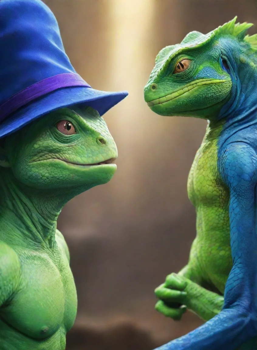 wizard man blue hat vs green lizard fight game head to head vs poster hd anime epic detailed portrait43
