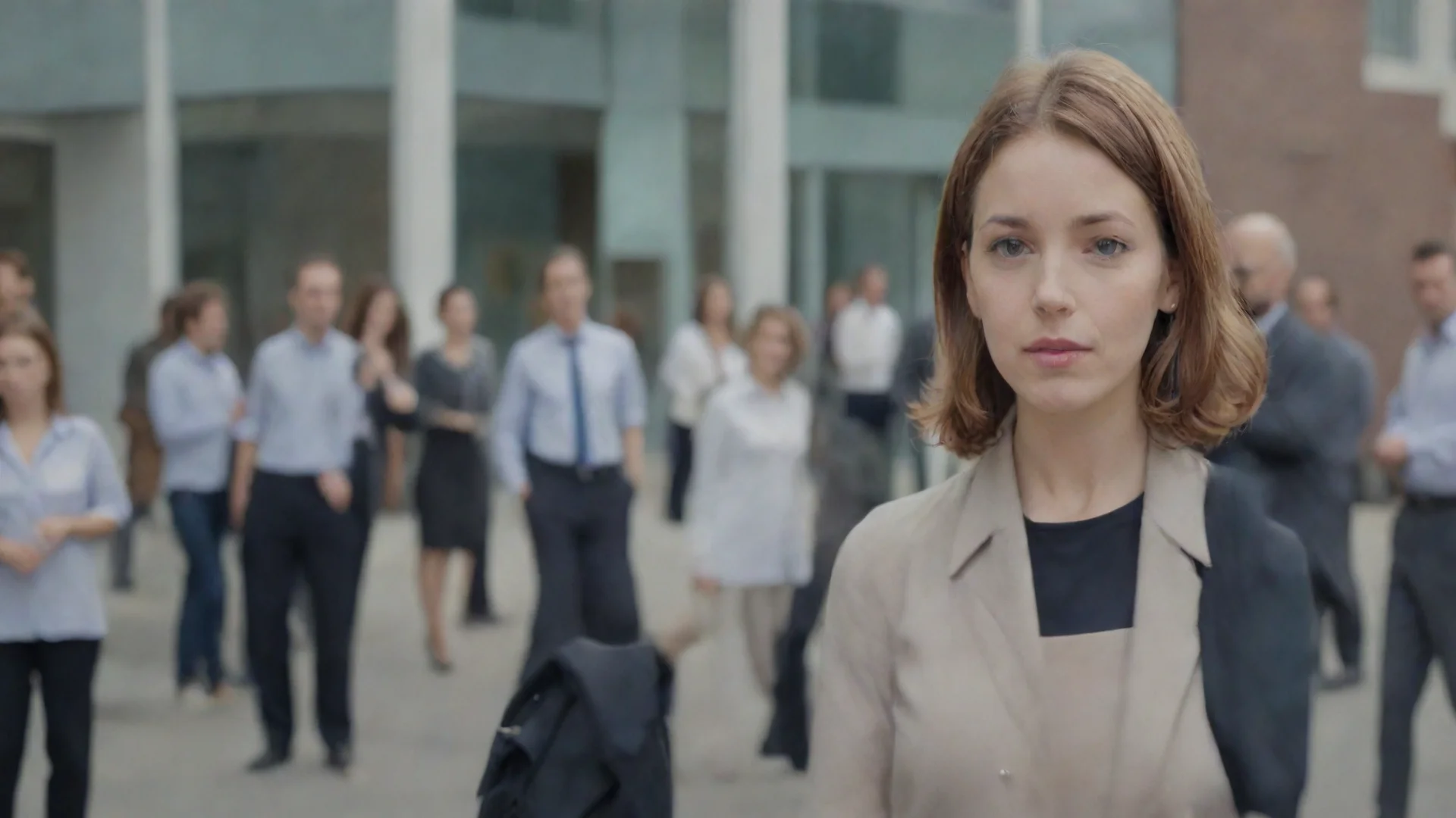 woman in front of the office and there are many people behind her wide
