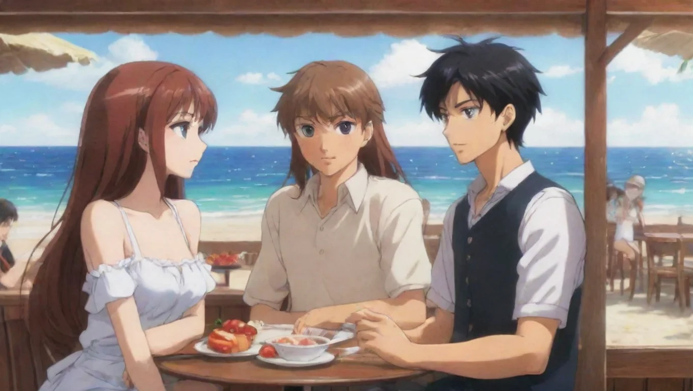 aiwomen and men anime in a restaurant by the beach widescreen