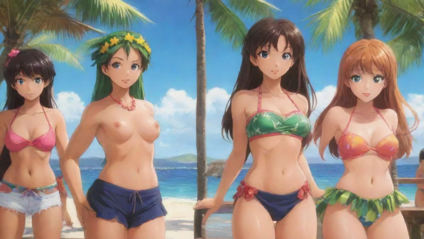 aiwomen and men anime in hula bar by the beach widescreen