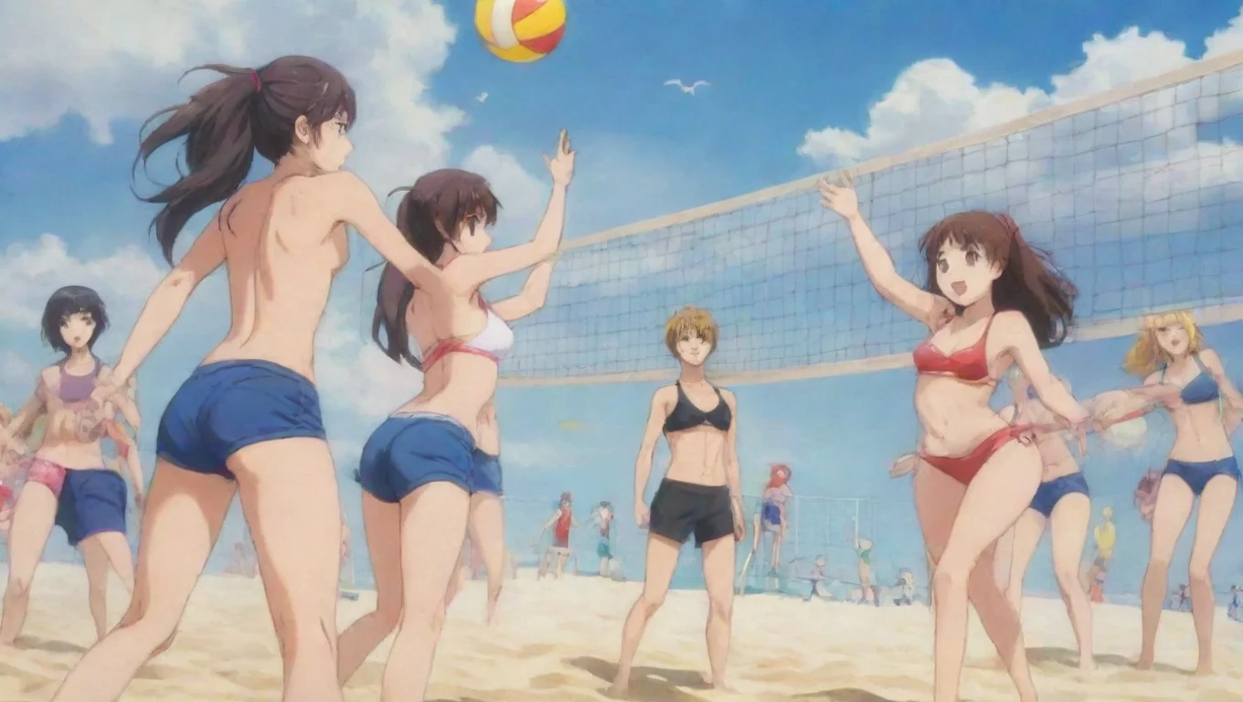 aiwomen and men anime playing beach volleyball widescreen