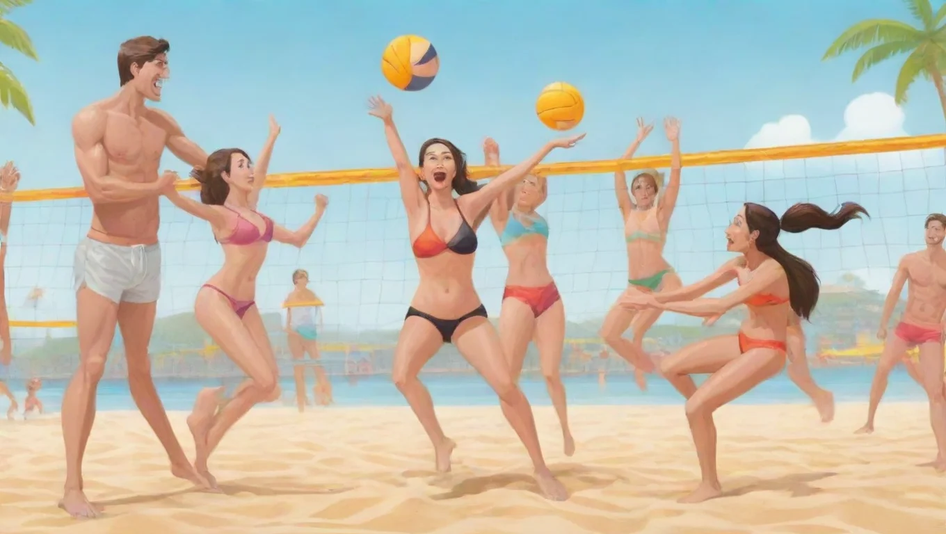 aiwomen and men cartoon playing beach volleyball widescreen