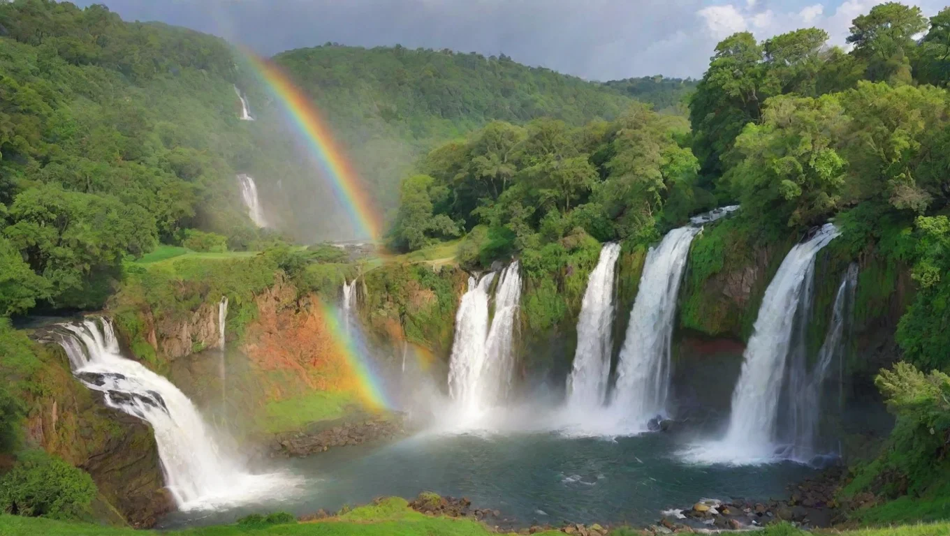 wonderful rainbow waterfalls green trees lovely utpia calm farmland hd detail widescreen