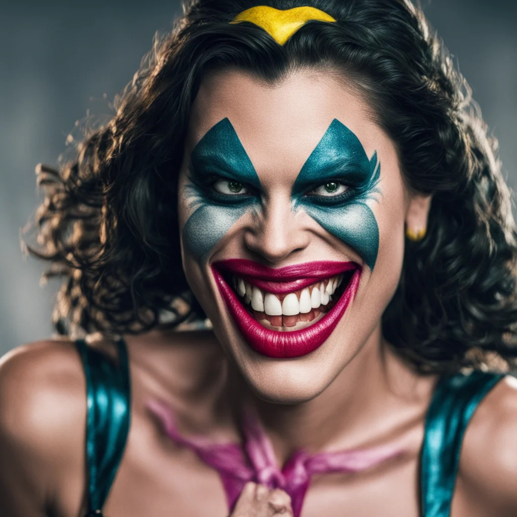 wonderwoman jokerized with a big smilex joker grin on her face good looking trending fantastic 1