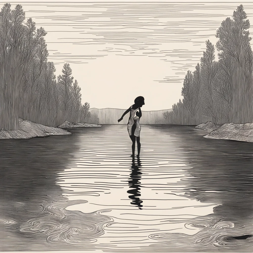woodcut  of a girl swimming in a lake with a man looking at her good looking trending fantastic 1