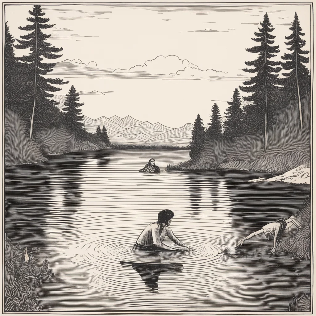 woodcut  of a girl swimming in a lake with a man looking at her