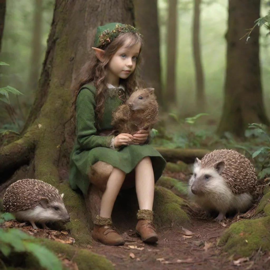 aiwooden elf girl sitting in old forrest with hadgehog