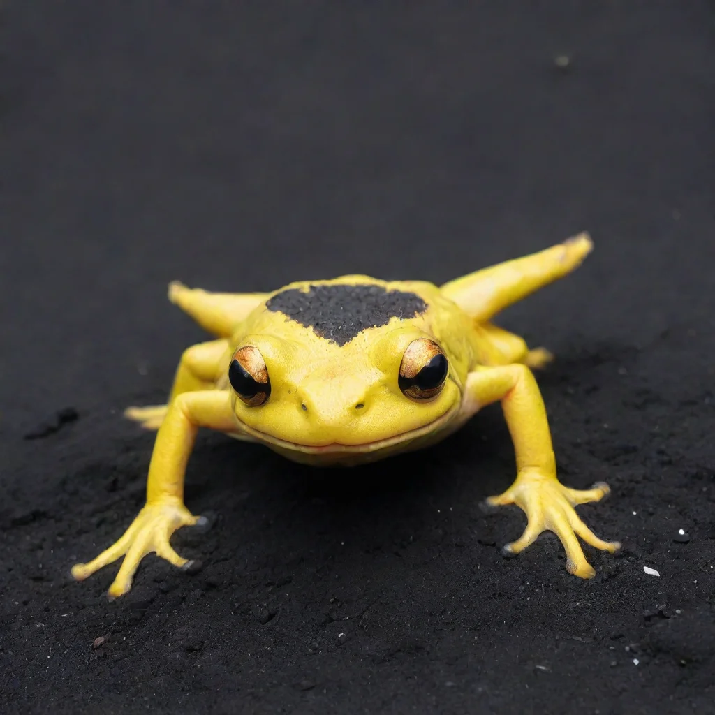 aiyellow frog with devil horns on black sand