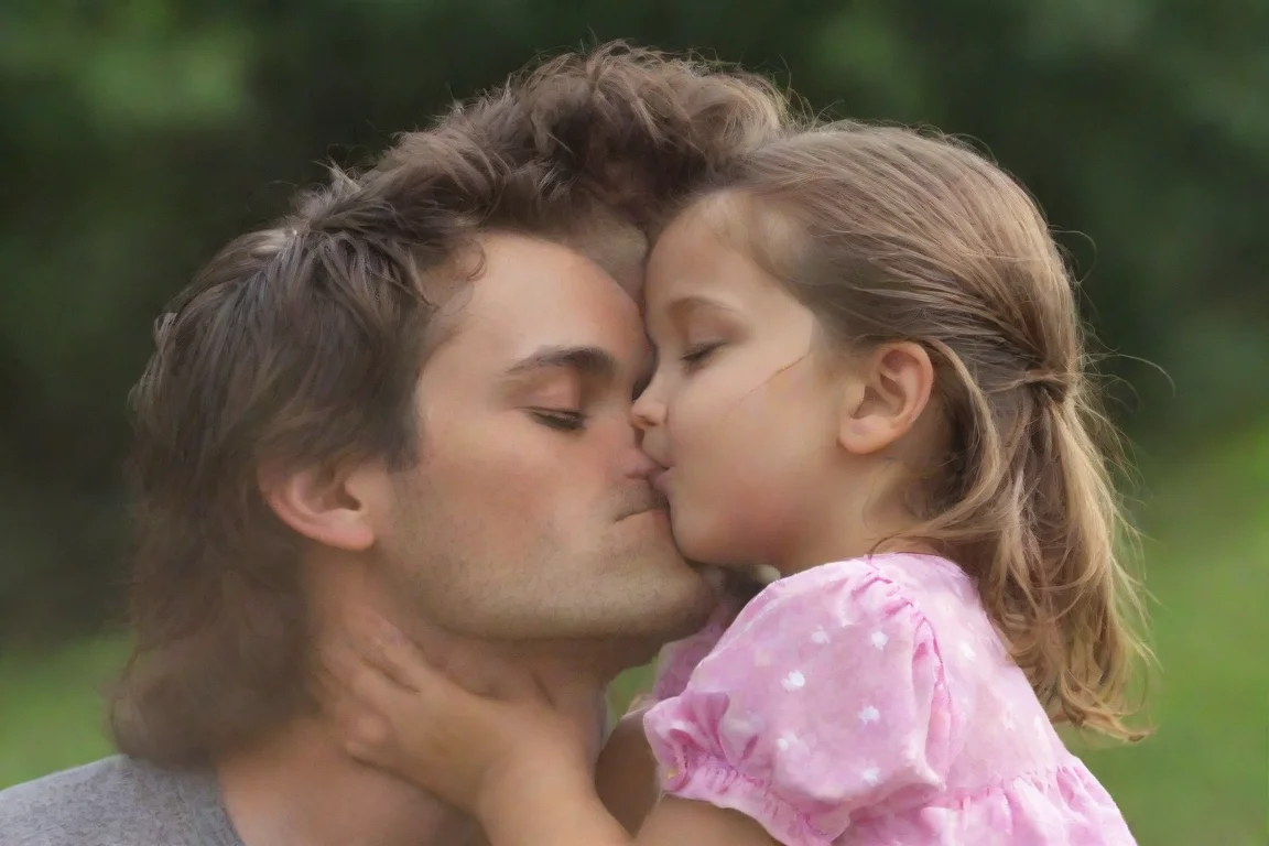 young adult male kisses very young little girl. he touches her chest.  landscape