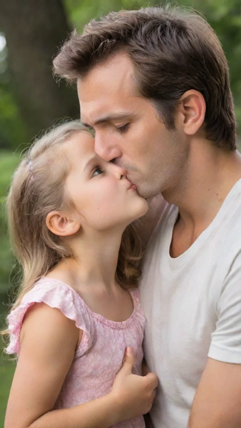 young adult male kisses very young little girl. he touches her chest.  tall