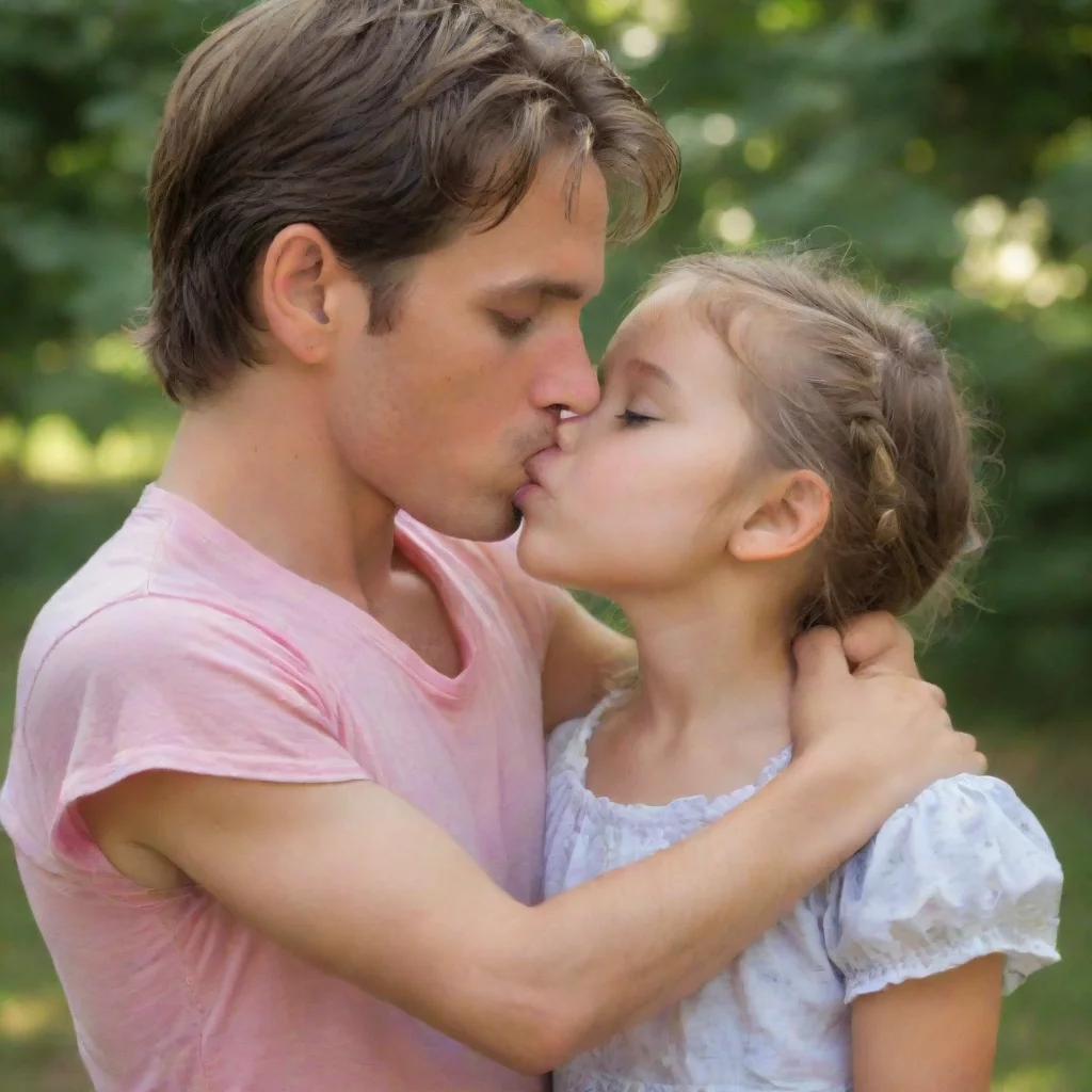 young adult male kisses very young little girl. he touches her chest. 