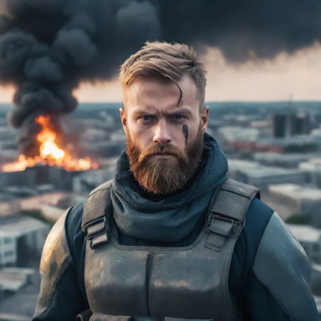 young angry bloody scary bearded swedish space soldier staring at viewer frontal view burning city in background