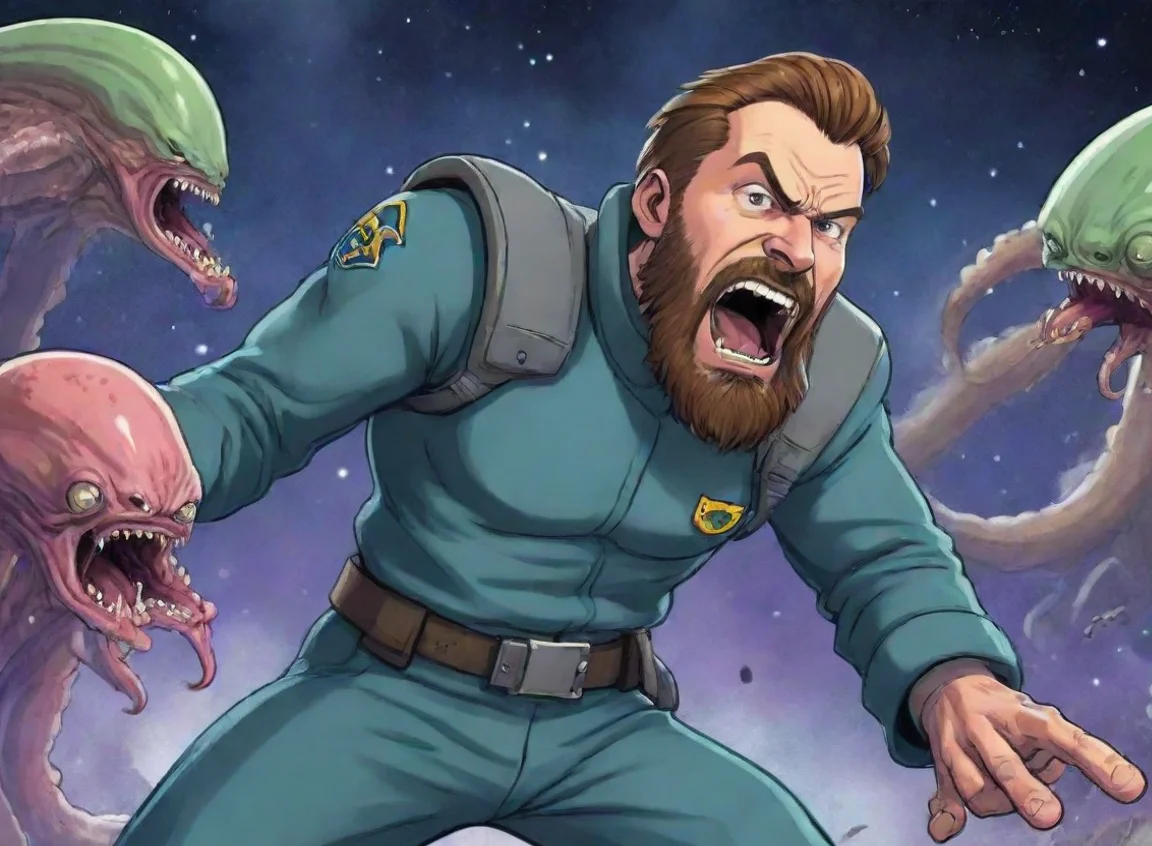 aiyoung bearded angry screaming swedish space soldier man fighting alien squids wars anime style cartoon landscape43