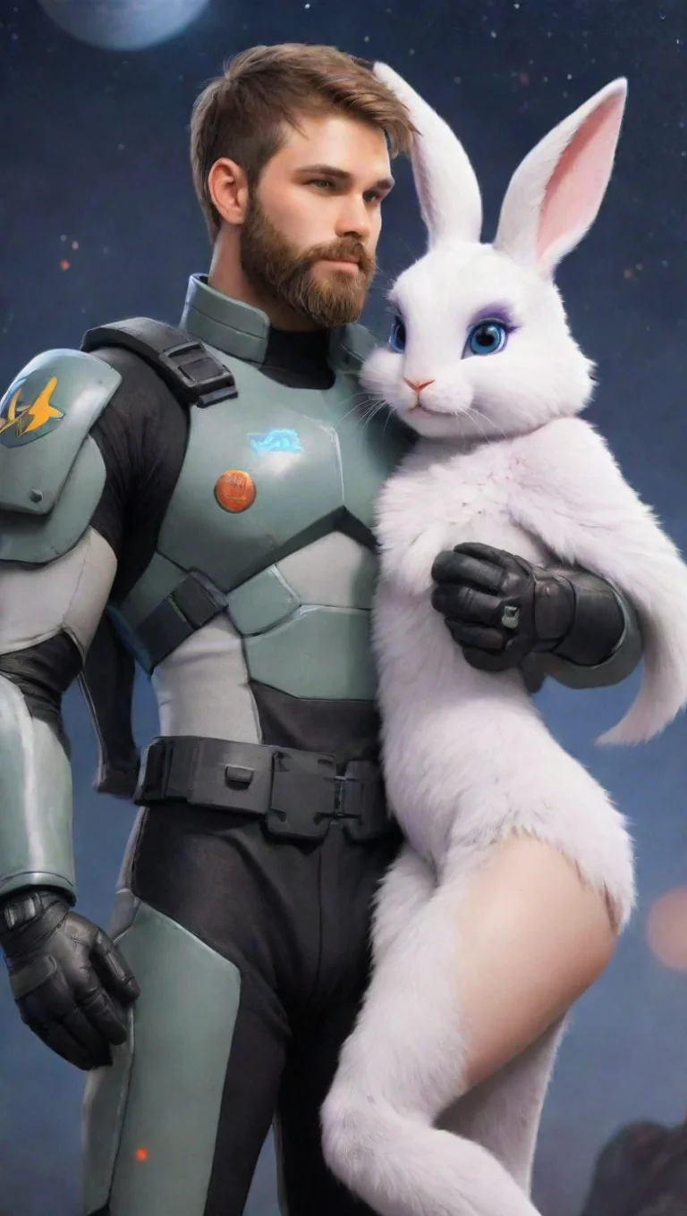 young bearded human space soldier man holding anthro furry bunnygirl couple lovers hd tall