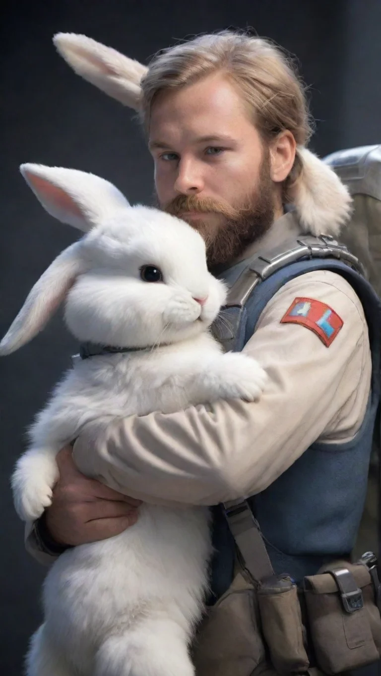 young bearded human swedish space soldier hugging a femenine anthropomorphic furry rabbit hd tall