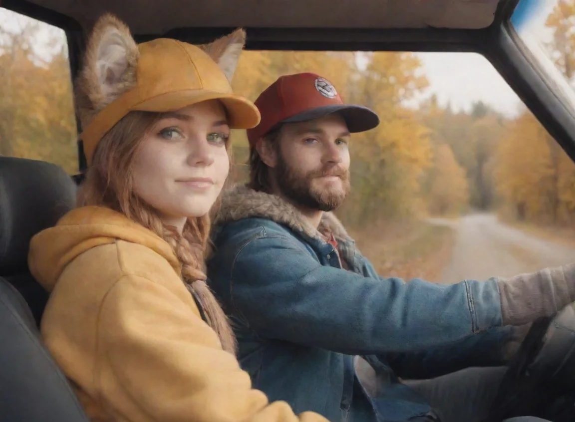 young bearded swedish human trucker man with baseballcap driving with anthro furry catgirl tomboy couple lovers autumn hd landscape43