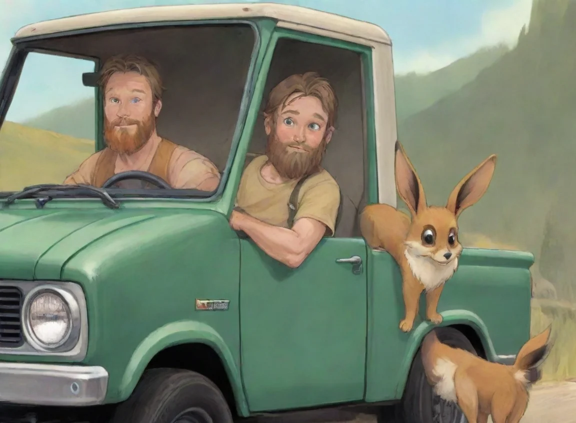 young bearded swedish travis grady driving hauler truck with pet eevee cartoon landscape43