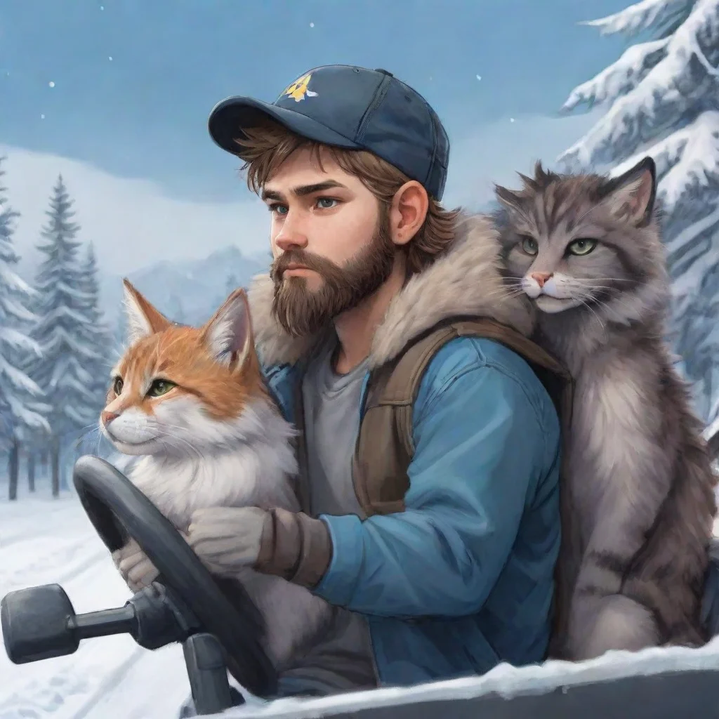 young bearded swedish trucker man with baseballcap driving with anthro furry punk catgirl couple lovers winterlanscape anime style
