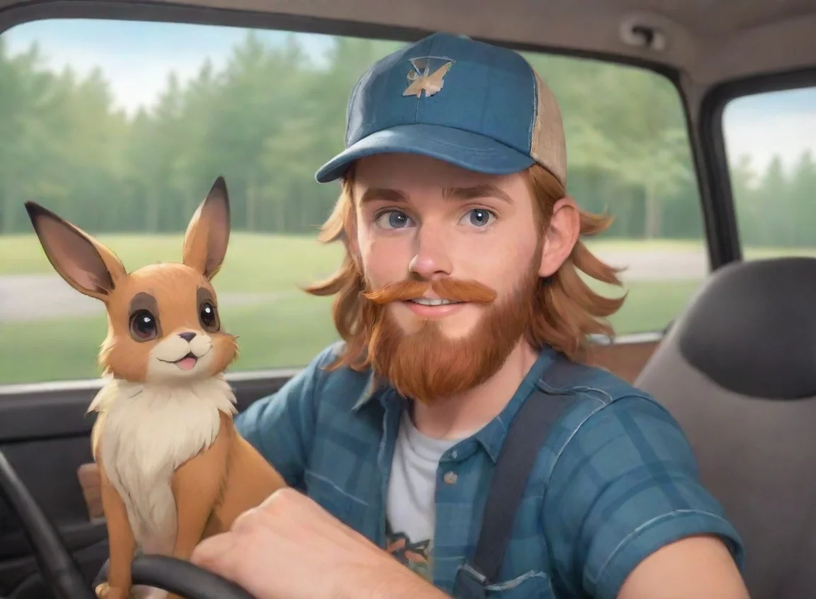 young bearded swedish trucker man with baseballcap flannel driving with pet eevee anime style cartoon landscape43
