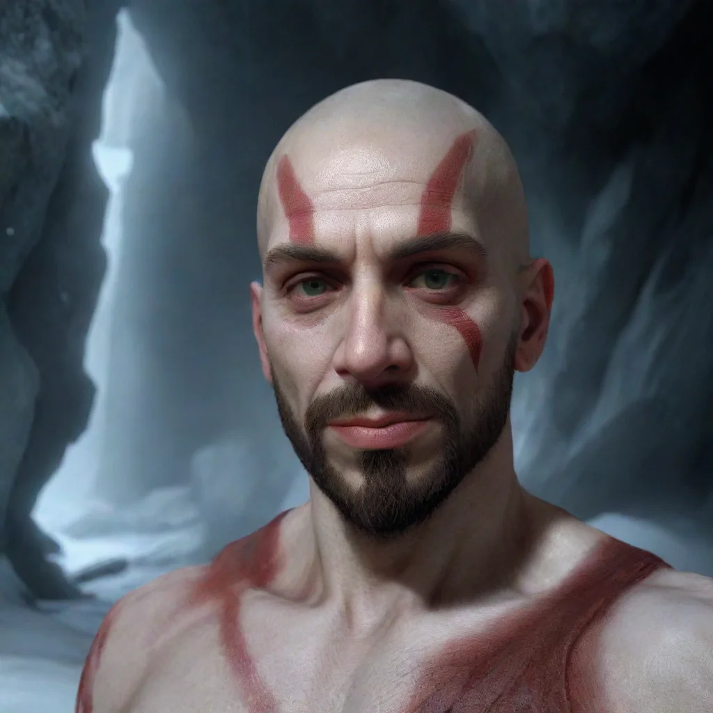 young beardless goatee kratos in a winter cave