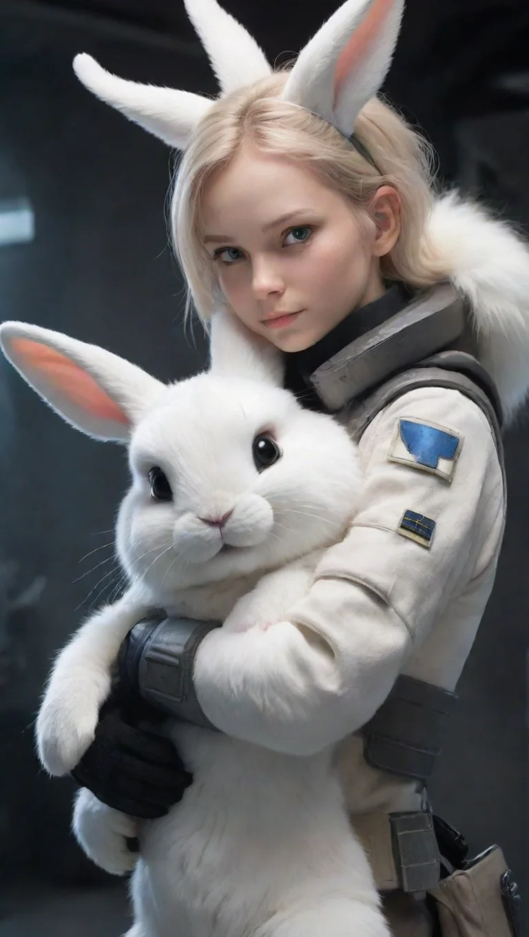 young human swedish space soldier hugging a femenine anthropomorphic furry rabbit hd tall